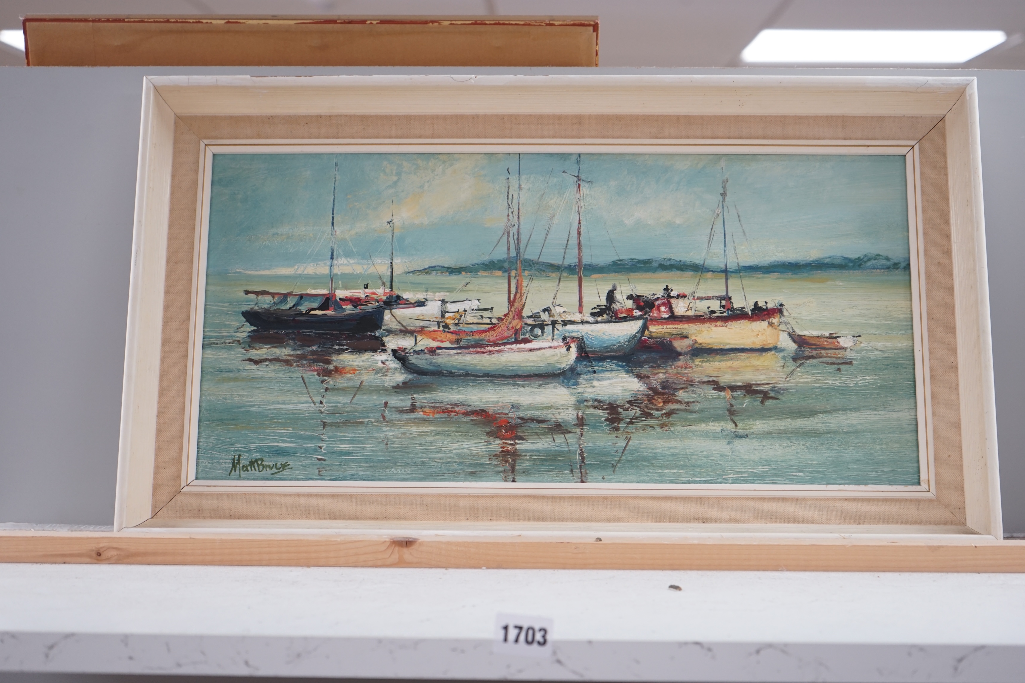 Matt Bruce (1915-200), oil on board, Family of yachts, signed, 24 x 49cm. Condition - good